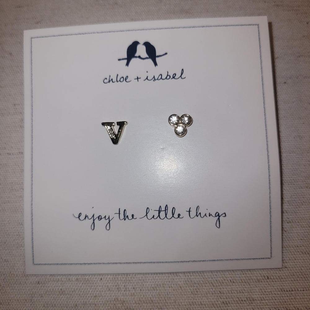 NEW Chloe + Isabel Alphabet + Trio Stone Mismatched Earrings Letter V